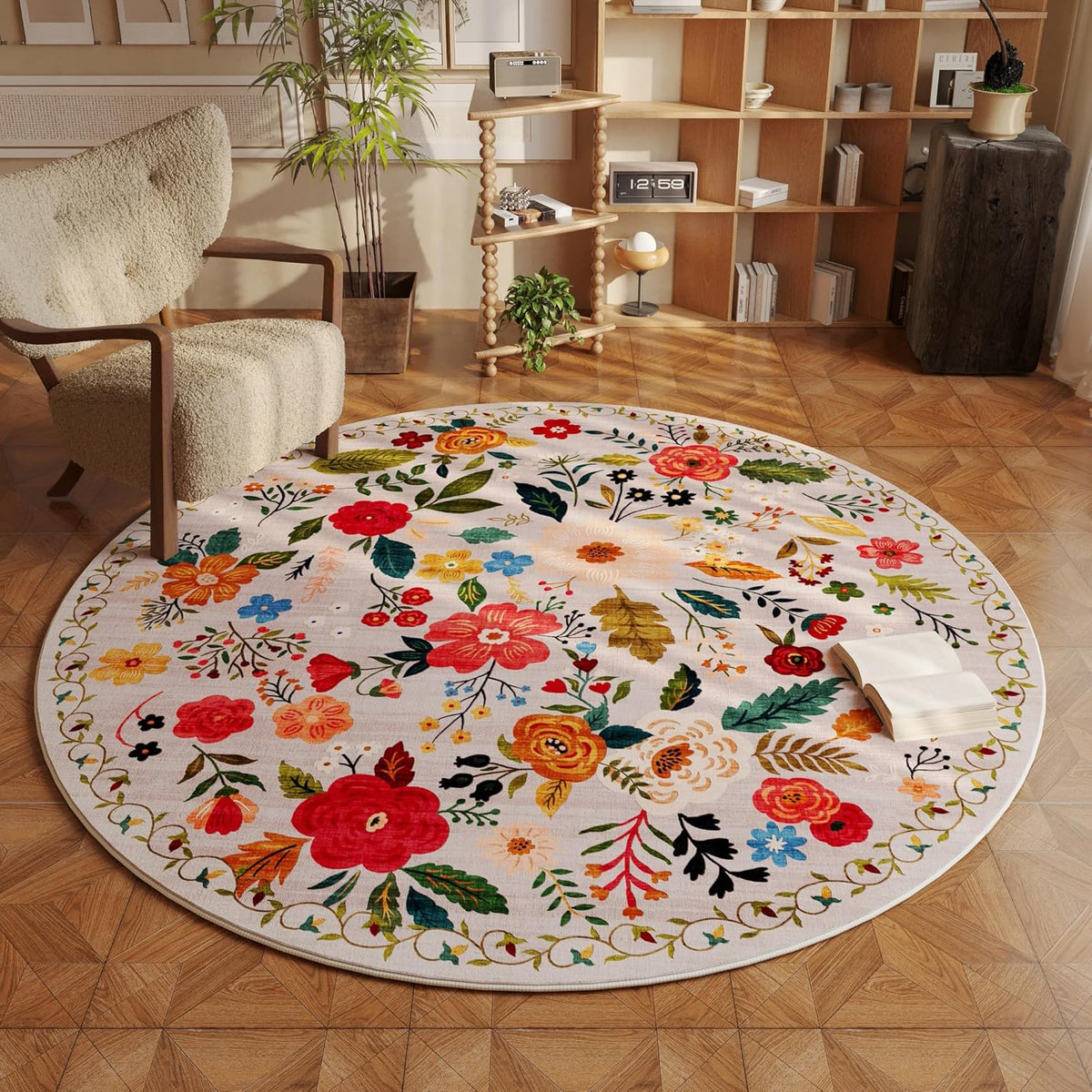 Round Rug 4ft Washable Circle Rug Non Slip Low Pile Boho Floral Small Circular Rug for Bedroom