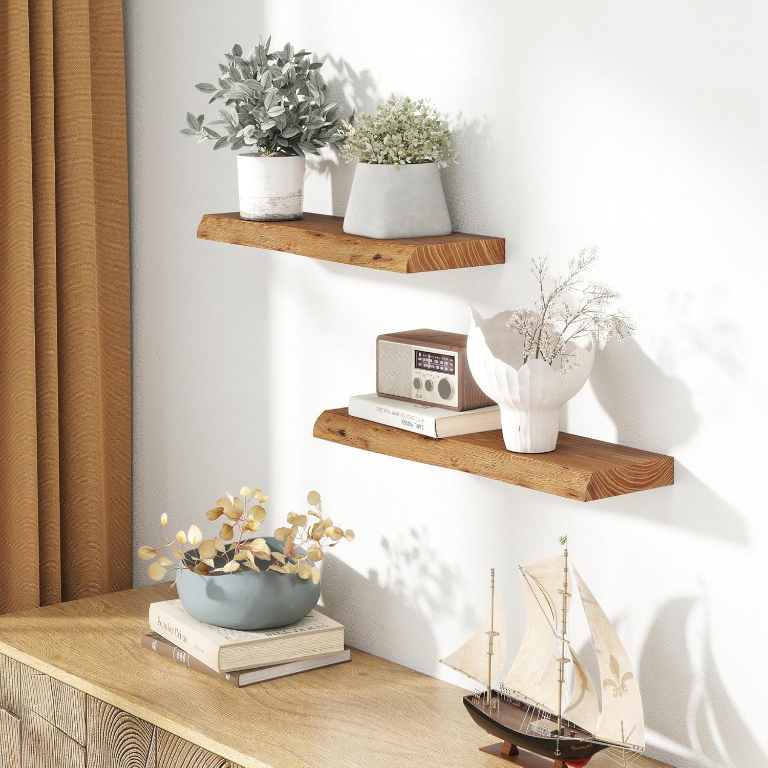 24" Floating Shelves, Live Edge Solid Elm Wood Floating Shelf, Wall Mounted Display Shelves with