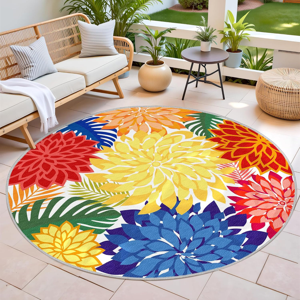 Indoor Outdoor 6FT Round Area Rug Washable Rugs Multicolored Patio Rug Tropical Botanical Modern