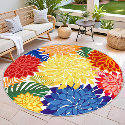 Indoor Outdoor 6FT Round Area Rug Washable Rugs Multicolored Patio Rug Tropical Botanical Modern