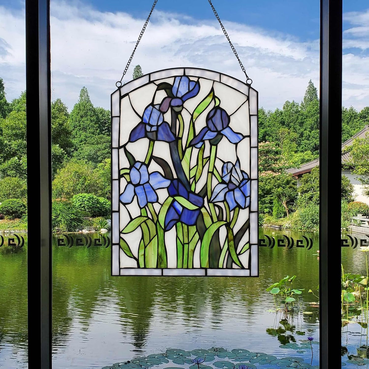 YOURANJU Iris Stained Glass Window Hanging 16" H x 11" W Tiffany Style Blue Rectangular Window
