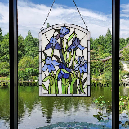 YOURANJU Iris Stained Glass Window Hanging 16" H x 11" W Tiffany Style Blue Rectangular Window