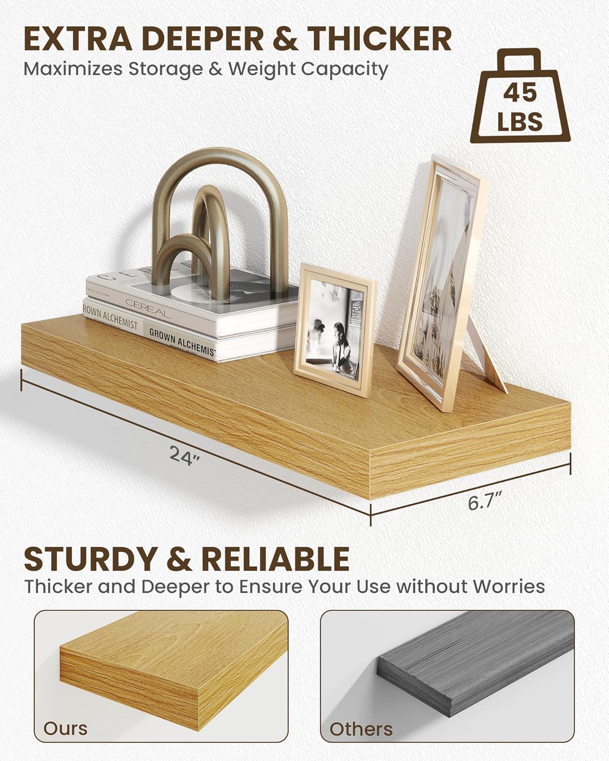 Marsmiles 24" Floating Shelves for Wall, Wooden Shelves with Invisible Brackets Set of 2, Rustic