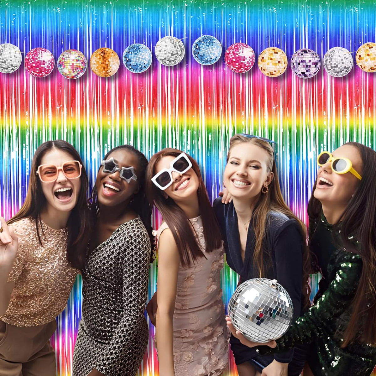 BRAVESHINE Fringe Backdrop Tinsel Foil Curtains - 2 Pack Colorful Metallic Streamers Backdrops for