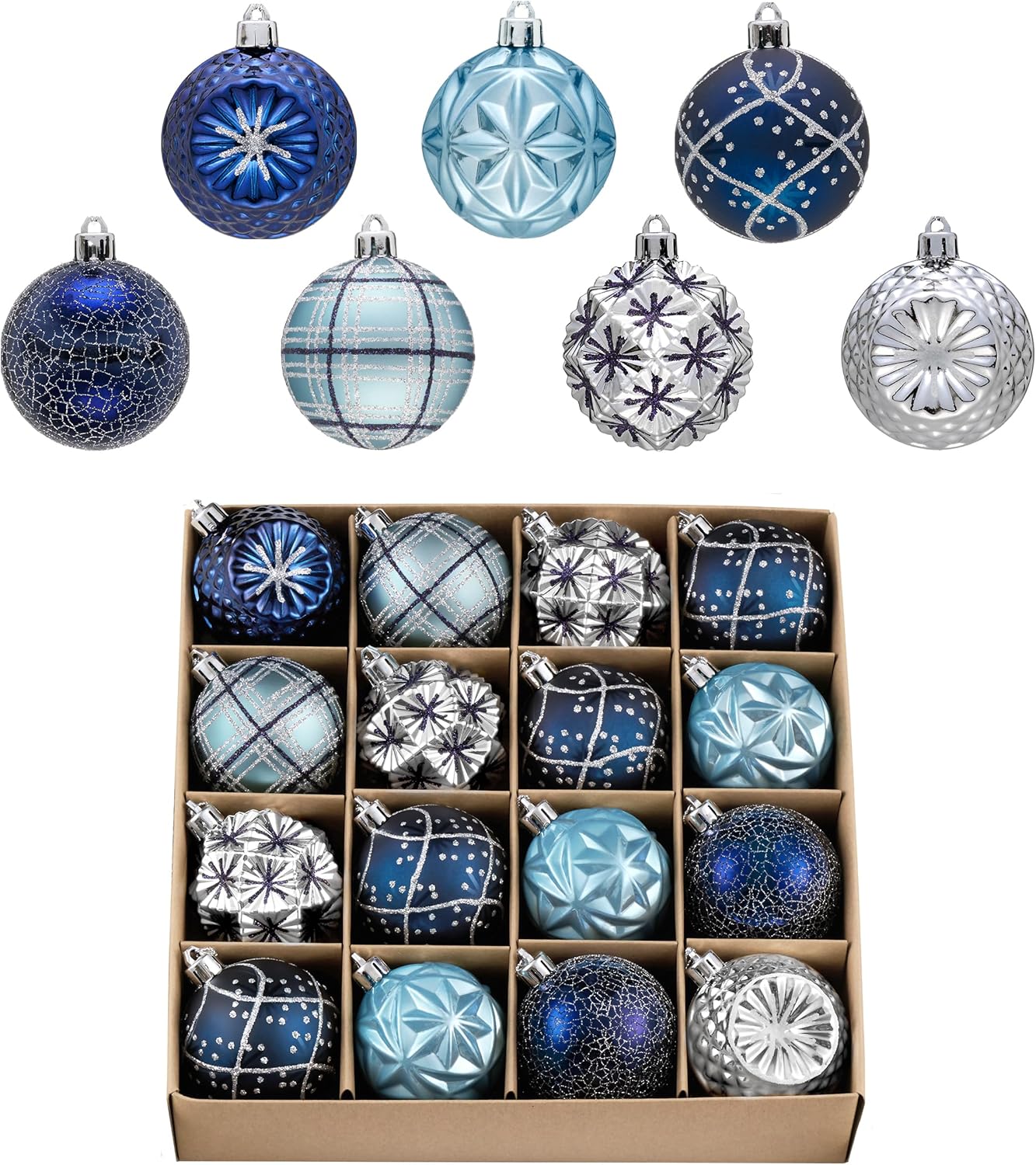 Valery Madelyn Ornaments for Christmas Trees, 16ct 2.36 Inches Navy Blue and Silver Shatterproof