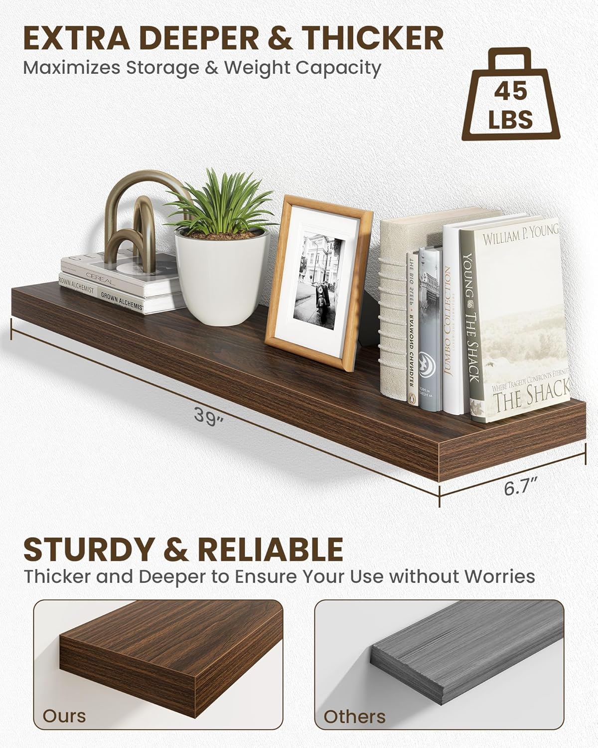 Marsmiles 39" Floating Shelves for Wall, Wooden Shelves with Invisible Brackets Set of 2, Rustic