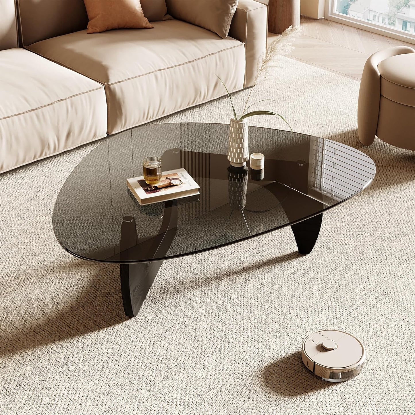 Honyee Morden Coffee Table, 42.5" x 28.5" x 16.1" Triangle Tempered Glass Top for Living Room