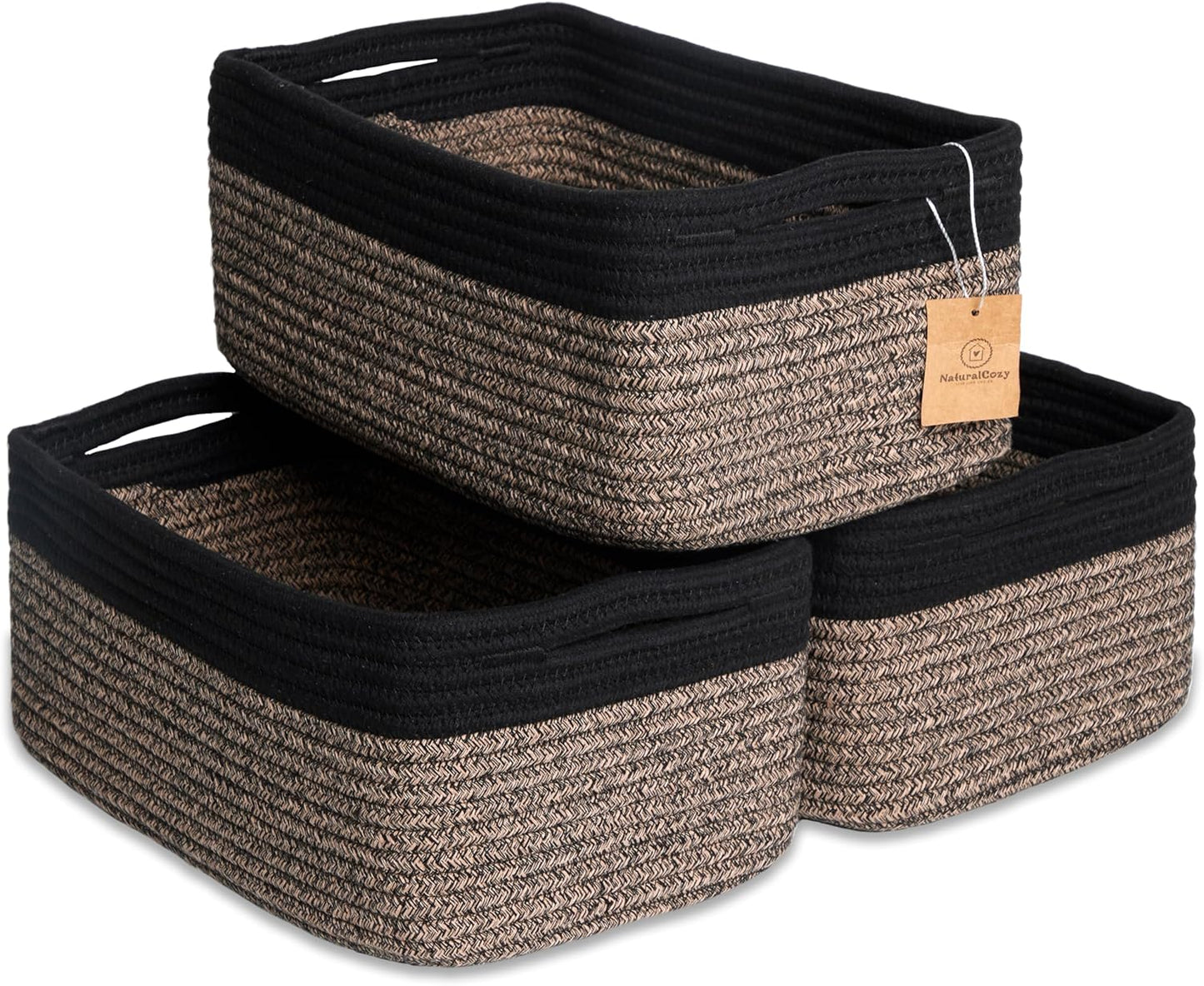 NaturalCozy 13.5”x8.5”x5.5” Rectangle Storage Baskets for Shelves 3 Pack | Cotton Rope Woven Small