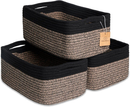 NaturalCozy 13.5”x8.5”x5.5” Rectangle Storage Baskets for Shelves 3 Pack | Cotton Rope Woven Small