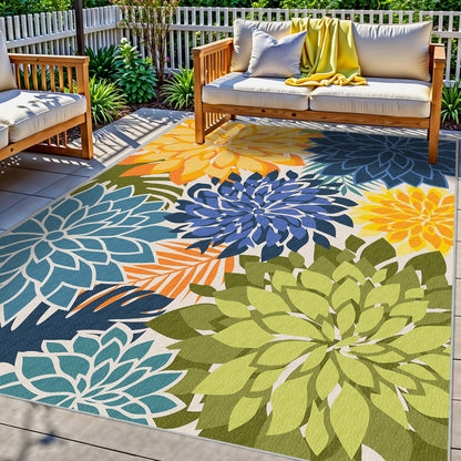 Indoor Outdoor Area Rug Washable Multicolored Patio Rug Tropical Botanical Modern Floral Indoor
