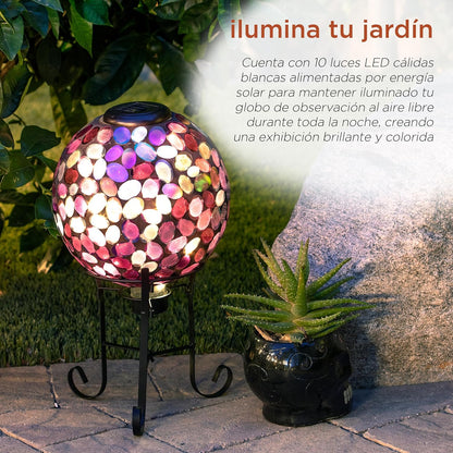 Alpine Corporation Outdoor Solar Powered Pink Glass Mosaic Gazing Globe with LED Lights and Metal