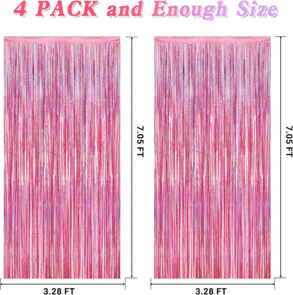 4 Pack Pink Backdrop, 3.28 FT x7.05 FT Foil Fringe Curtains, Metallic Glitter Pink Streamer Fringe