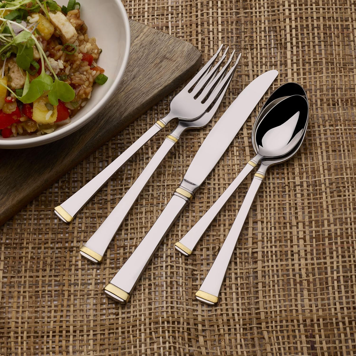 Mikasa Gold Accent Harmony Flatware Set for 12, 65 Piece 18/10 Stainless Steel Silverware with