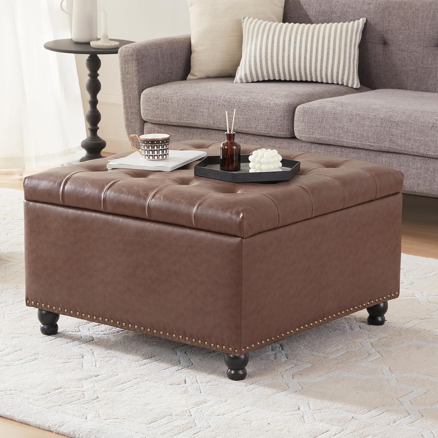 Tbfit Large Square Storage Ottoman Bench, Button Tufted Upholstered Coffee Table Ottoman with