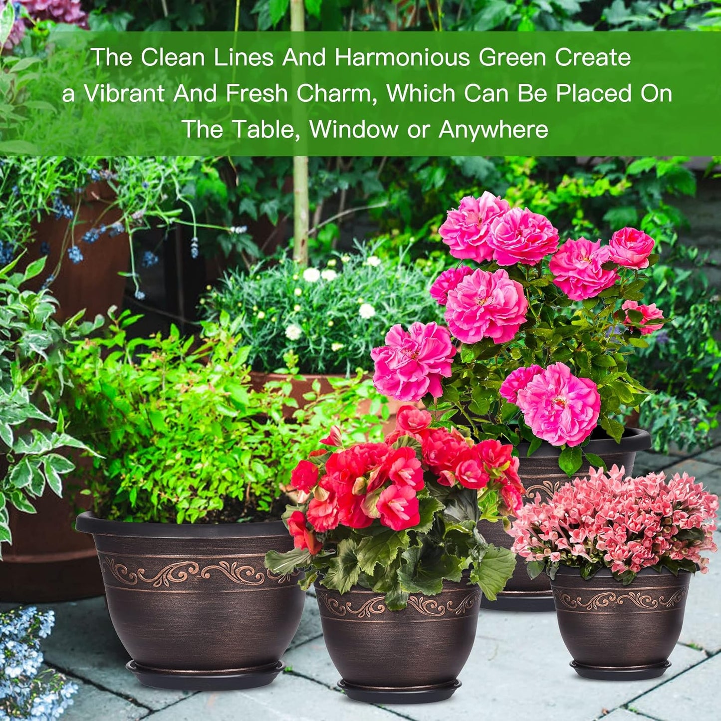 Plastic-Plant-Flower-Planters-12 Inch with Drainage Hole & Saucer, 3 Packs Lightweight Small Resin