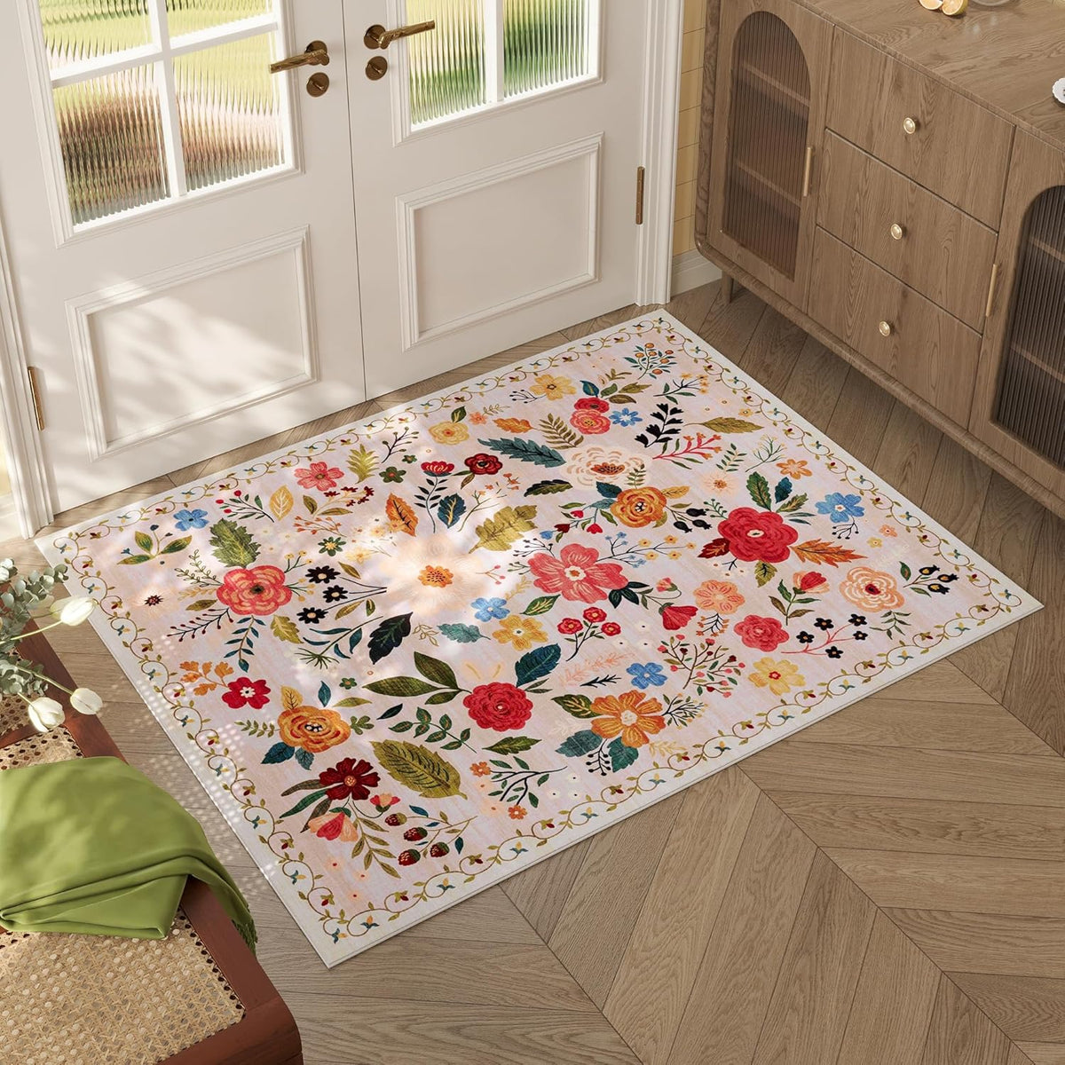 Door Mat Indoor Entrance 2x3 Rug Machine Washable Boho Floral Small Area Rug Non-Slip Low Pile