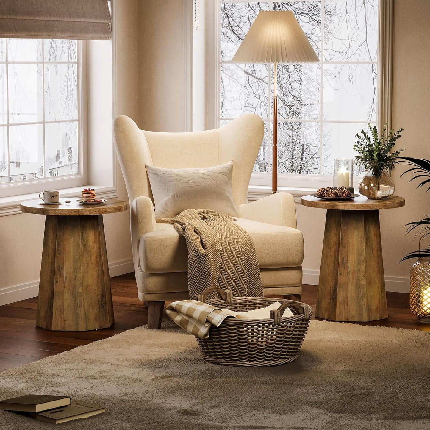 Tribesigns Round Pedestal End Table, Farmhouse Couch Side Table with Octagonal Base, Nightstand