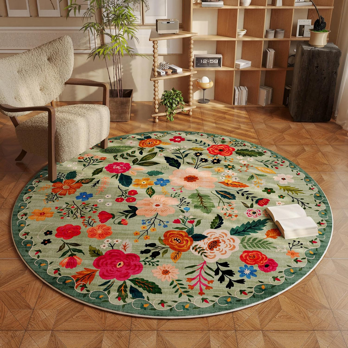 Round Rug 6ft Washable Circle Rug Non Slip Low Pile Boho Floral Small Circular Rug for Bedroom
