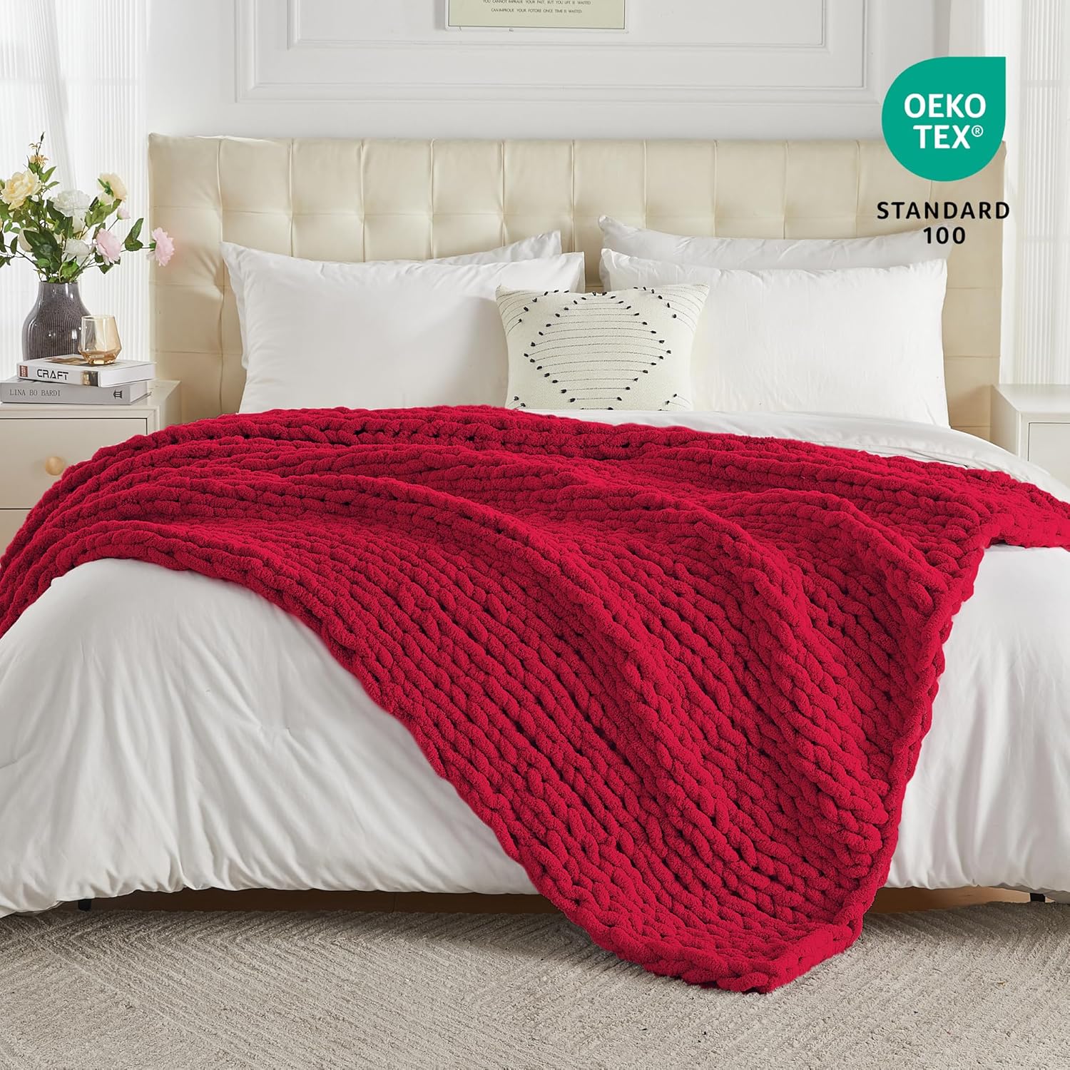 Carriediosa Chunky Knit Throw Blanket 50" X 60", 100% Hand Made Large Chenille Loop Yarn Soft