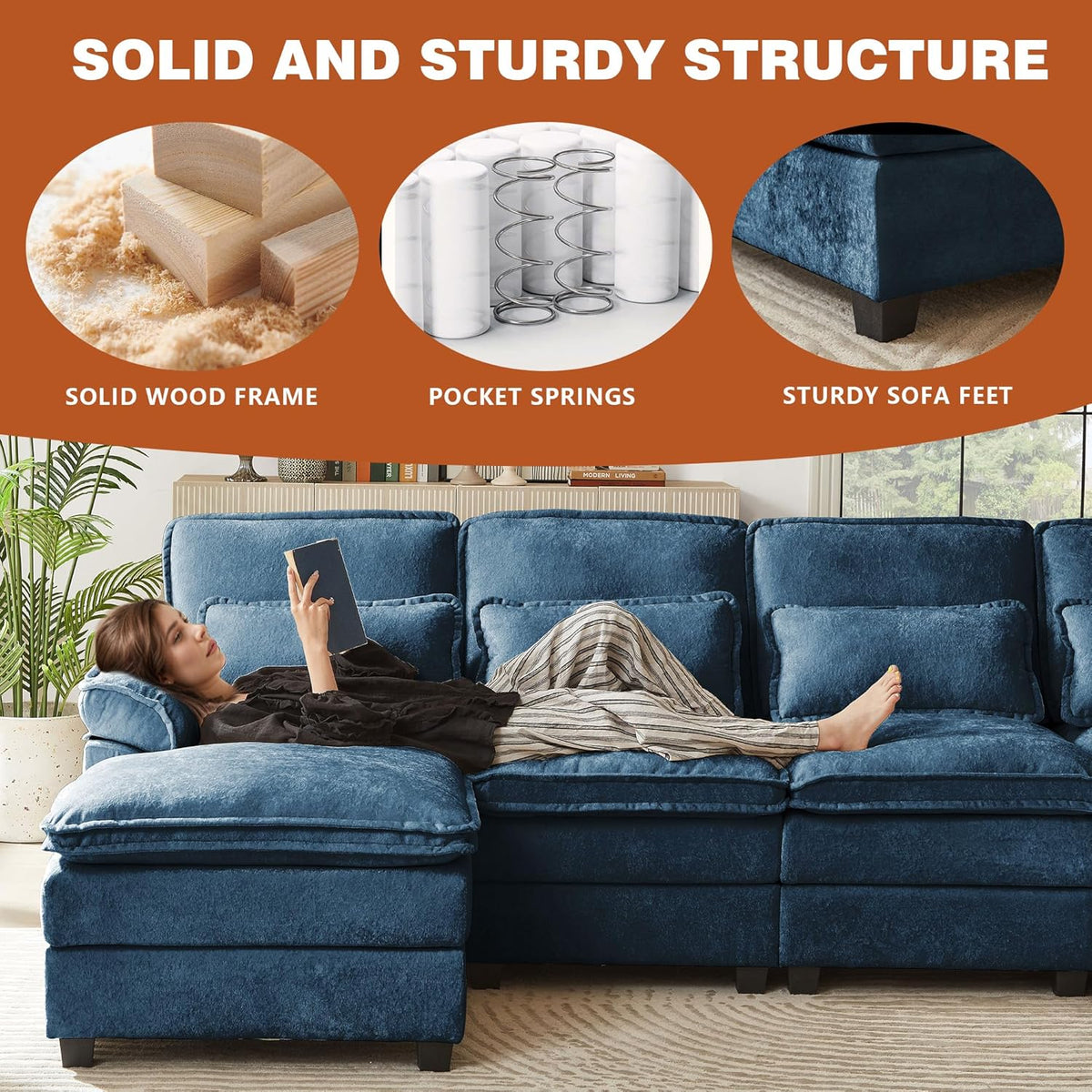 113" Oversized Cloud Couch, U Shape Sectional 4 Seat Sofa with Double Chaises, 2 Layer Cusions