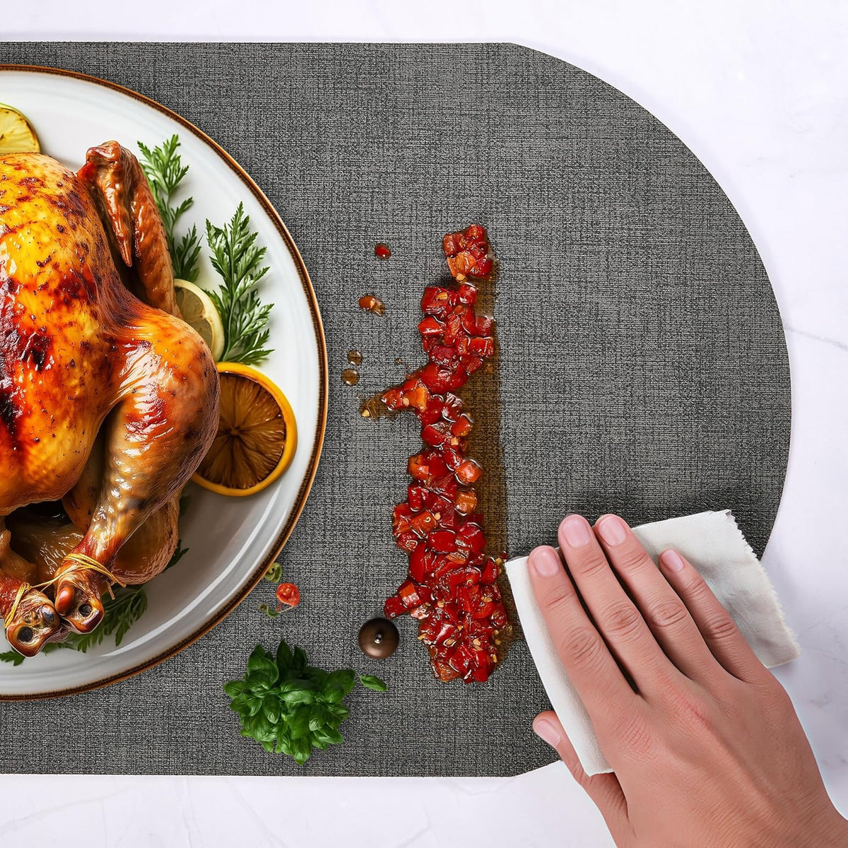 DOLOPL Large Placemats Set of 6, Oval Reversible Wipeable & Non-Slip Place Mats, Modern Faux