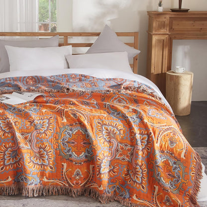 Boho Throw Blanket for Couch Sofa Bed, 100% Cotton Woven Quilt with Tassel 80”x90”, Super Soft