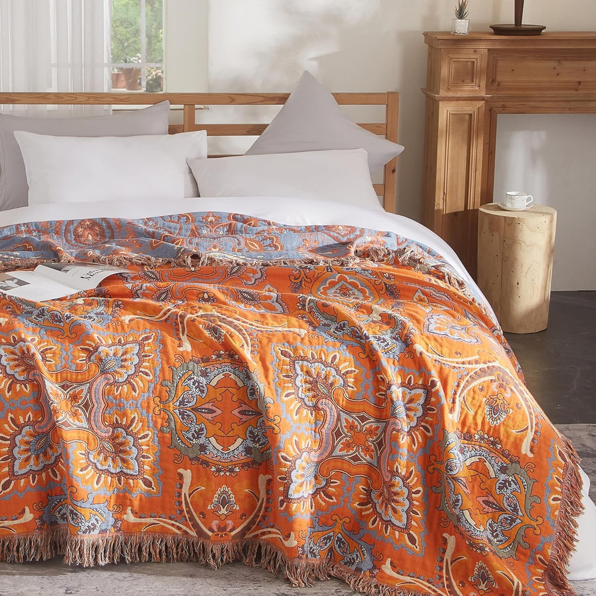 Boho Throw Blanket for Couch Sofa Bed, 100% Cotton Woven Quilt with Tassel 60”x80”, Super Soft