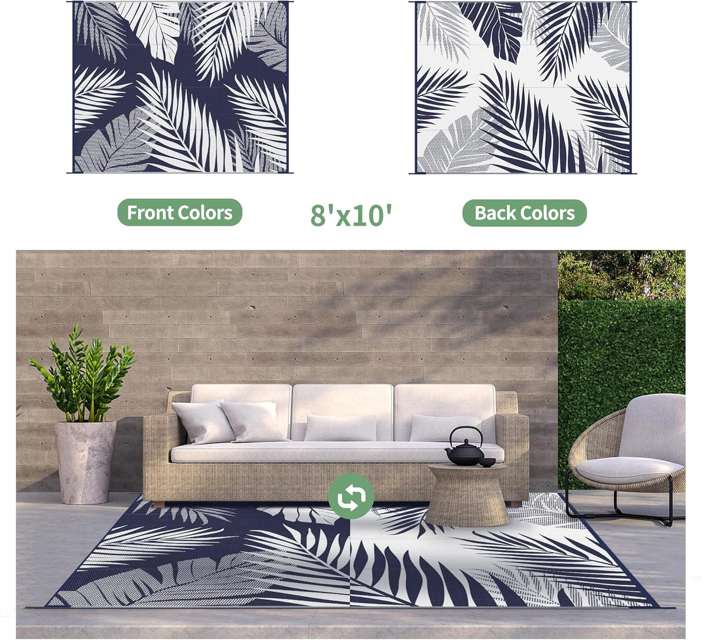 GENIMO Outdoor Rug 8' x 10' Waterproof for Patios Clearance, Reversible Outdoor Plastic Straw