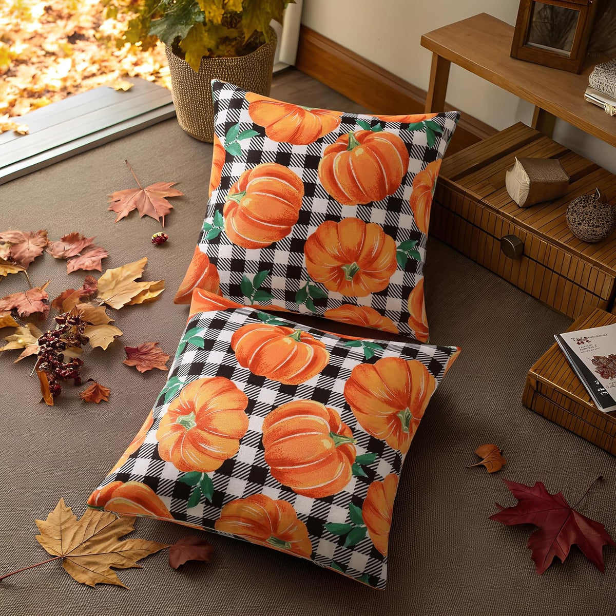 decorUhome Fall Orange Pumpkin Decorative Throw Pillow Covers 16x16 Set of 2, Buffalo Plaid Check