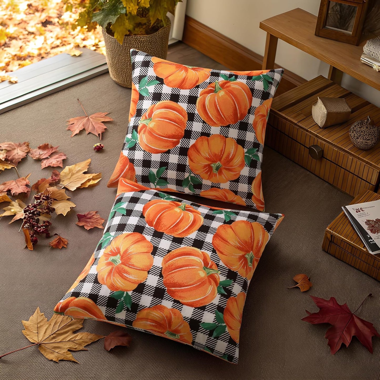 decorUhome Fall Orange Pumpkin Decorative Throw Pillow Covers 18x18 Set of 2, Buffalo Plaid Check