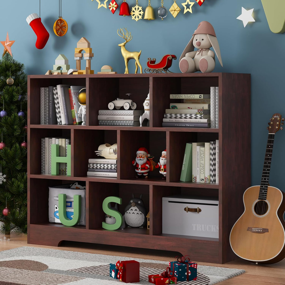 Book Shelf, 10 Cubes Storage Organizer, 3-Tier Open Shelf Wooden Bookcase, Freestanding Cherry