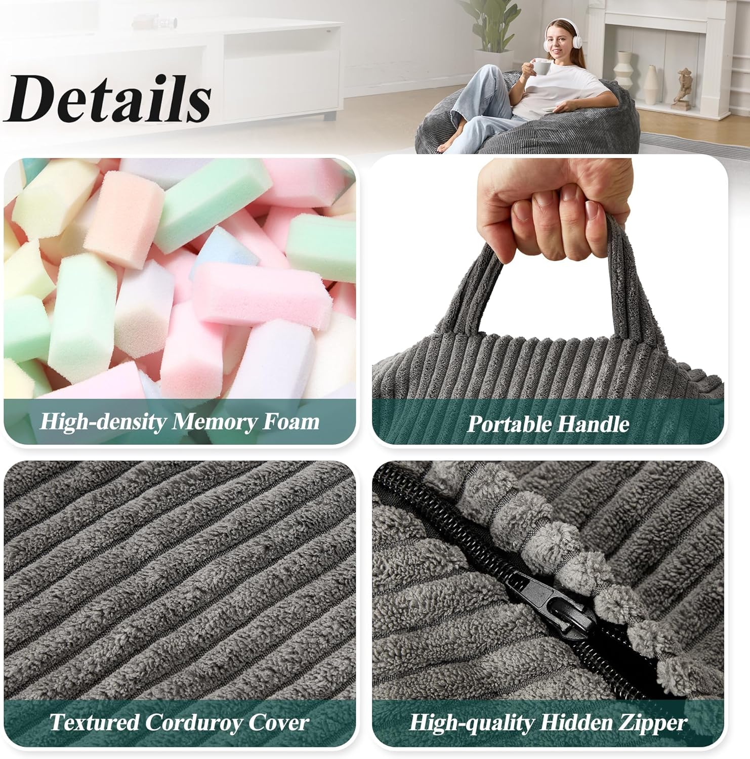 3.5FT Bean Bag Chairs Teardrop Bean Bag Chair for Adults Beanbag Chair with Memory Foam Filled