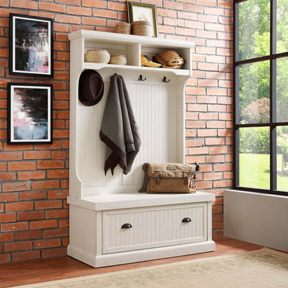 Crosley Furniture Seaside Hall Tree with Shoe Rack Bench and Coat Hooks for Hanging Storage
