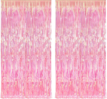 BRAVESHINE Clear Pink Streamers Party Decorations Iridescent Foil Fringe Backdrop - 2 Pack 3.2 x