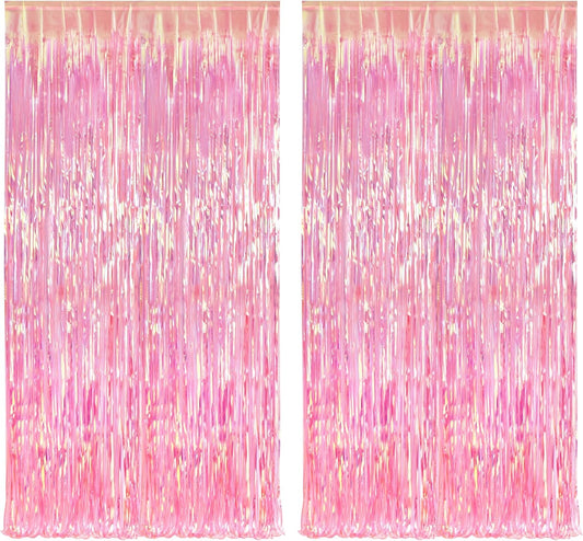 BRAVESHINE Clear Pink Streamers Party Decorations Iridescent Foil Fringe Backdrop - 2 Pack 3.2 x