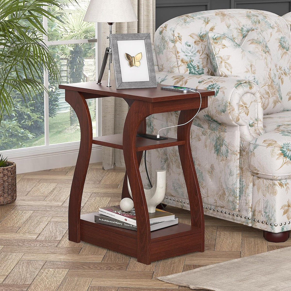 End Tables Living Room Set of 2,Cherry End Table with Charging Station,Side Table, Nightstand for