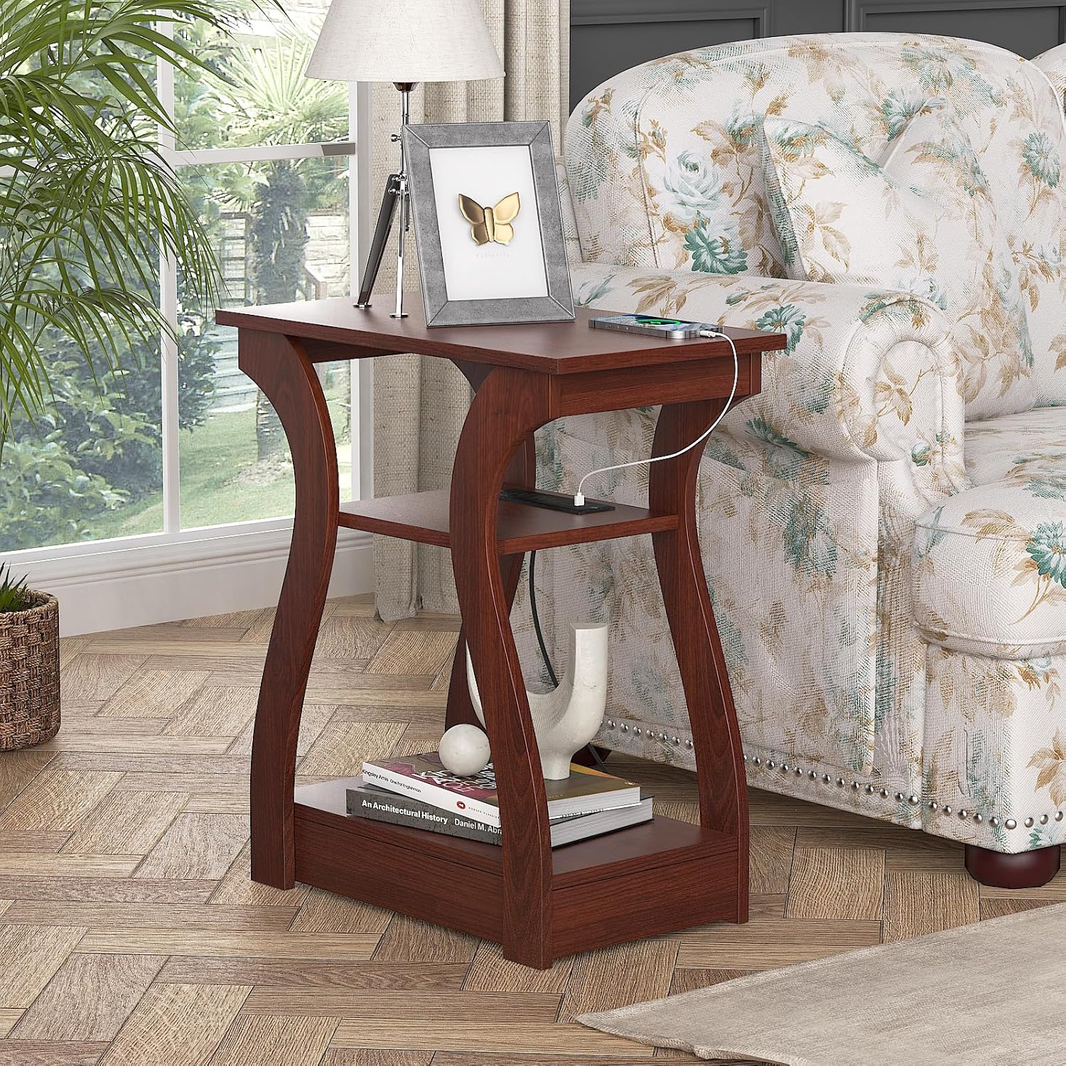 End Tables Living Room, Cherry End Table with Charging Station, Nightstand for Bedroom, 3 Tier End