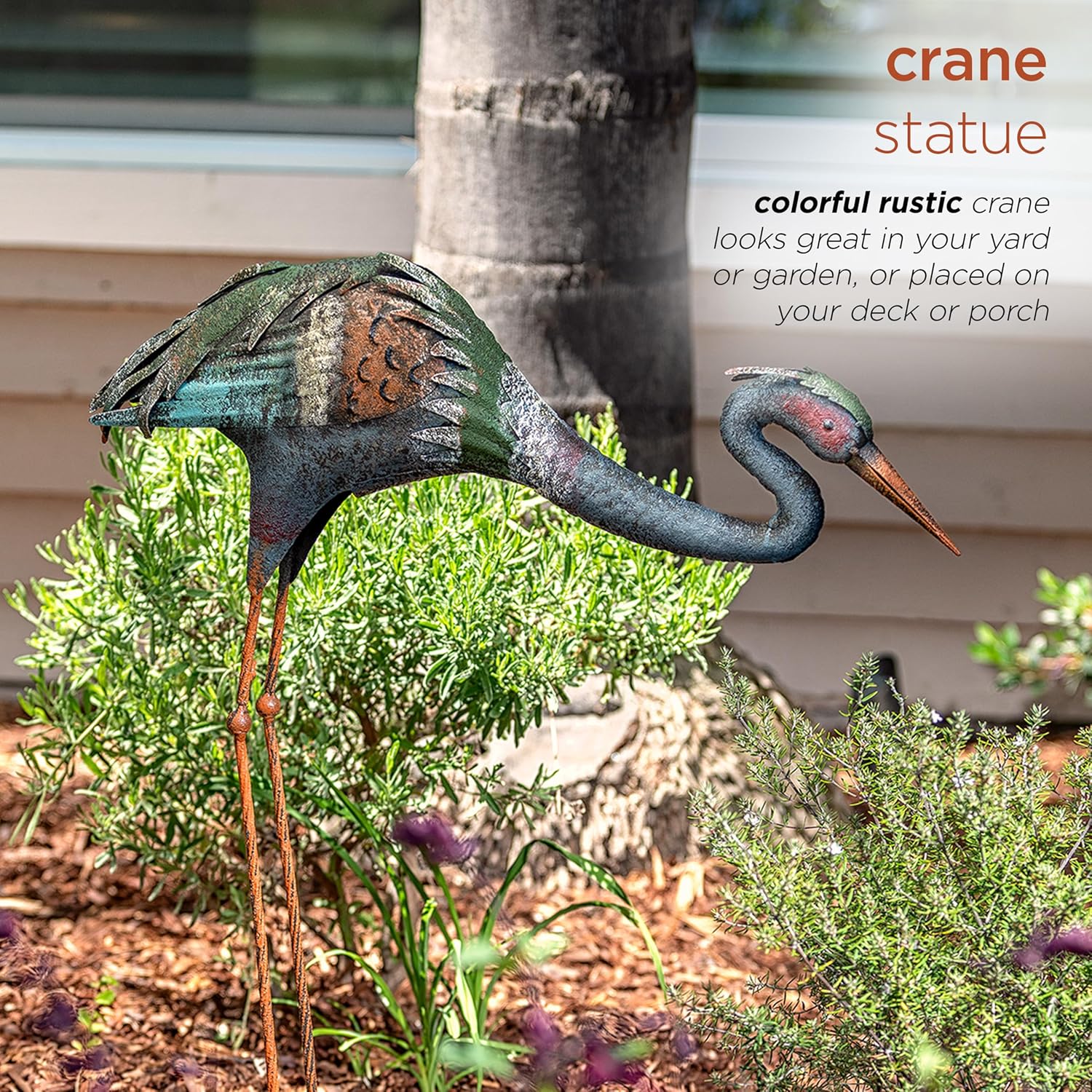 Alpine Corporation 30" Tall Outdoor Rustic Metal Bowing Crane Statue Yard Art Decoration