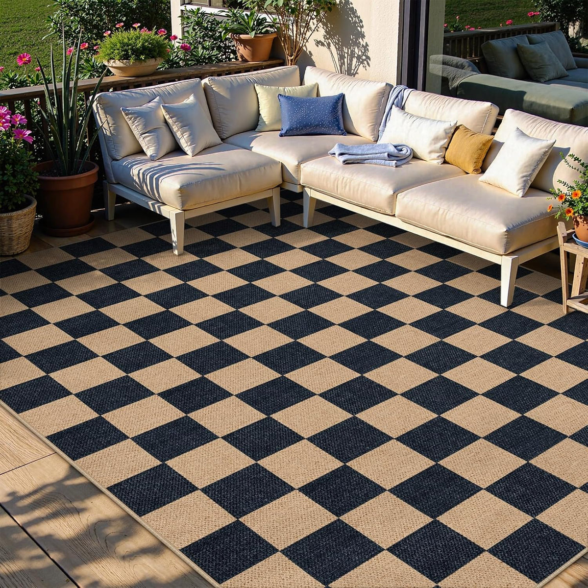 Lahome Checkered Easy Jute Carpet, Washable Area Rug 6x9 Neutral Outdoor Patio Rug, Farmhouse
