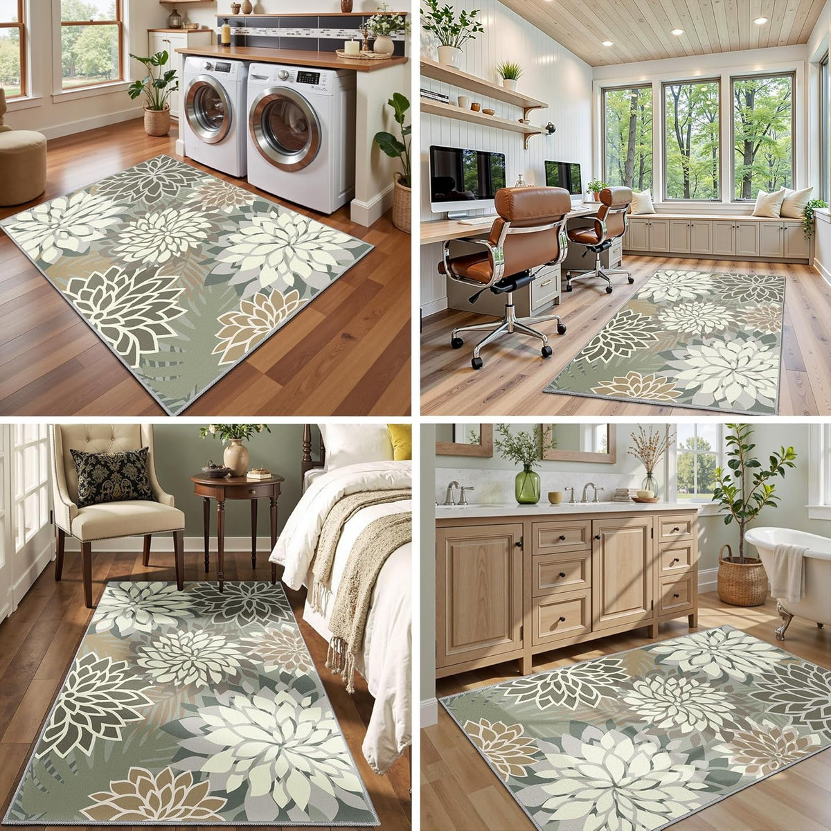 Area Rug 3x5 Brown White Washable Entry Rug Multicolored Tropical Botanical Modern Floral Indoor