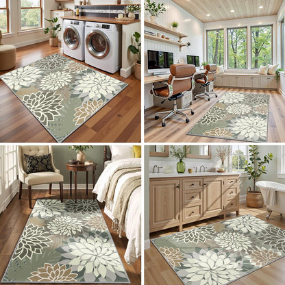 Area Rug 3x5 Brown White Washable Entry Rug Multicolored Tropical Botanical Modern Floral Indoor