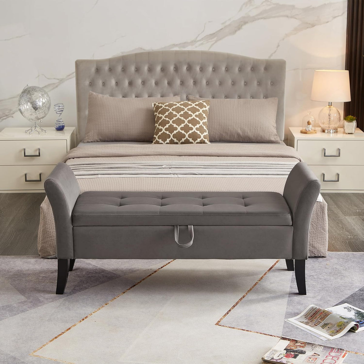 Furniliving 51” Bedroom Bench, End of Bed Bench with Button-Tufted Large Upholstered Storage Bench