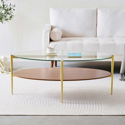 Oval Glass Coffee Table, Mid-Century Modern Design, L43 x W22 x H17 inch, 2-Tier Structure, Olive