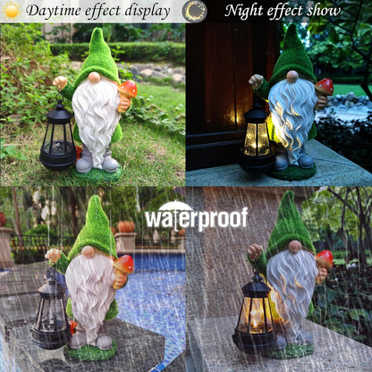 Solar Gnomes Garden Statues,Resin Gnome Figurine Holding Mushroom and Solar Lights Lantern,Outdoor