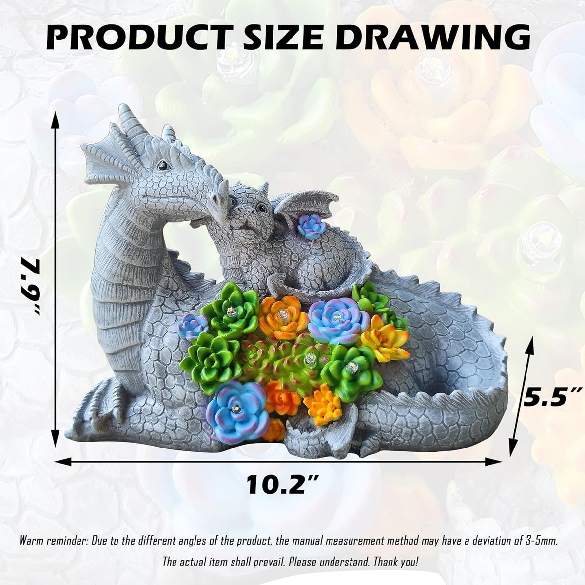 Solar Dragon Statue with LED Lights, Dargon Lover Gifts with Succulent and 6 LED Lights for