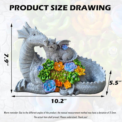 Solar Dragon Statue with LED Lights, Dargon Lover Gifts with Succulent and 6 LED Lights for