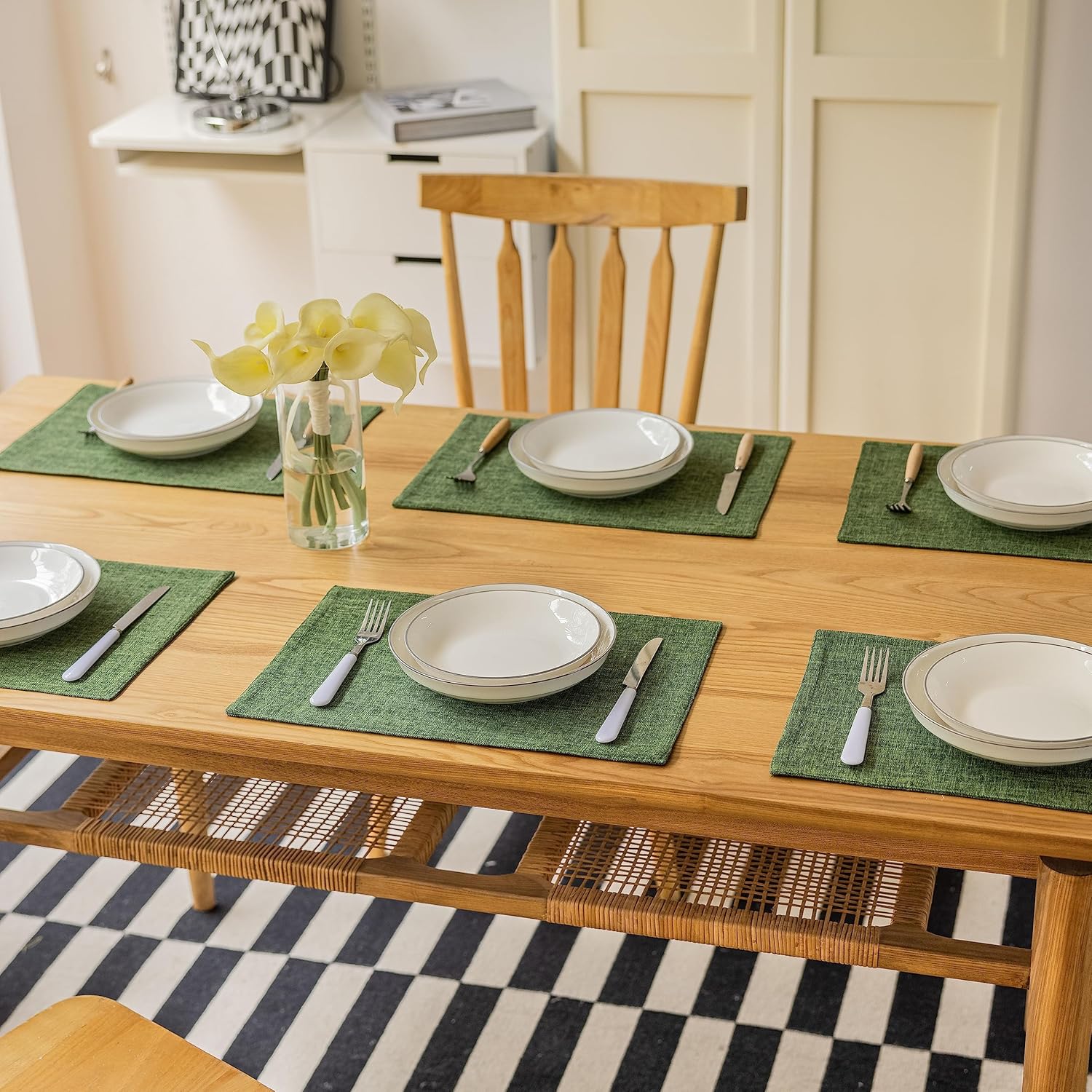 Demetex Dark Green Placemats Set of 8 Decorative Linen Textured Place Mats Heat Resistant Plate