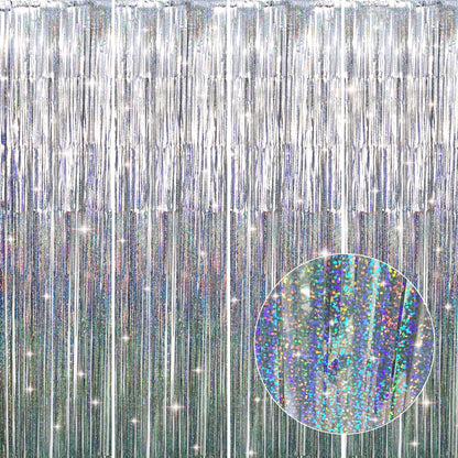 GOER 3.2 ft x 8.2 ft Metallic Tinsel Foil Fringe Curtains Party Photo Backdrop Party Streamers for