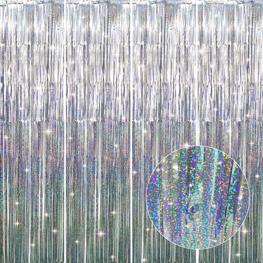 GOER 3.2 ft x 8.2 ft Metallic Tinsel Foil Fringe Curtains Party Photo Backdrop Party Streamers for