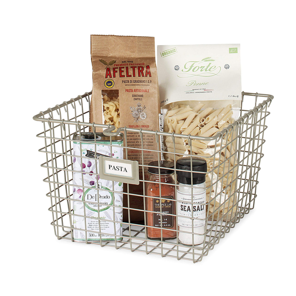 Spectrum Medium Wire Basket with Label Plate Satin Nickel Storage Basket Bin Organizer for Kitchen